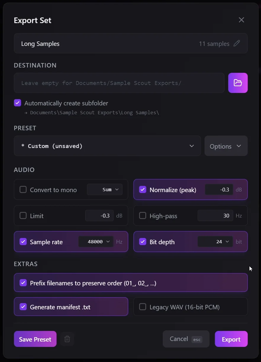 Export options